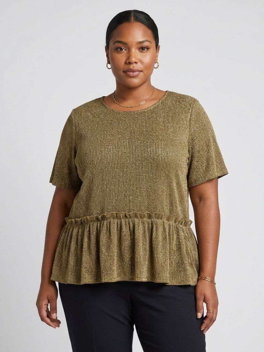 Alice Blue Gold Metallic Shimmer Peplum Top - Ruffle Hem - Size 3X Plus - Picture 1 of 11